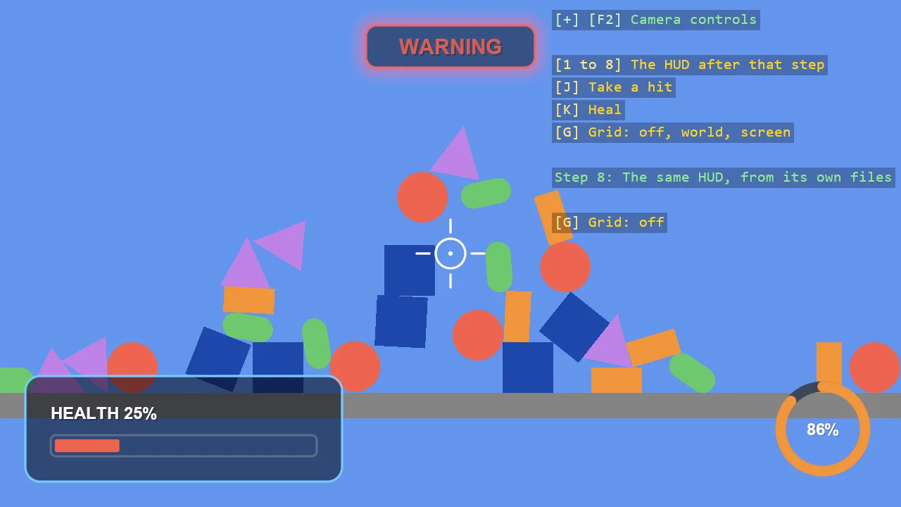 The finished HUD: a health panel, an energy dial, a crosshair and a warning panel